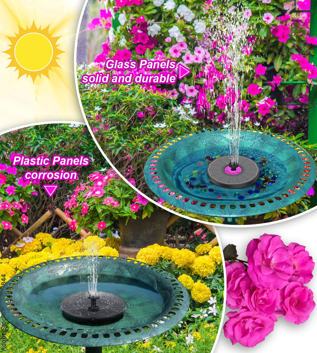 SZMP Solar Fountain 3.5W Bird Bath Fountains with Rosy Flower 2024 Upgraded 100% Glass Panel, Solar Powered Water Fountain with 7 Nozzles, Solar Fountain Pump for Pool, Pond, Garden, Outdoor (Black)