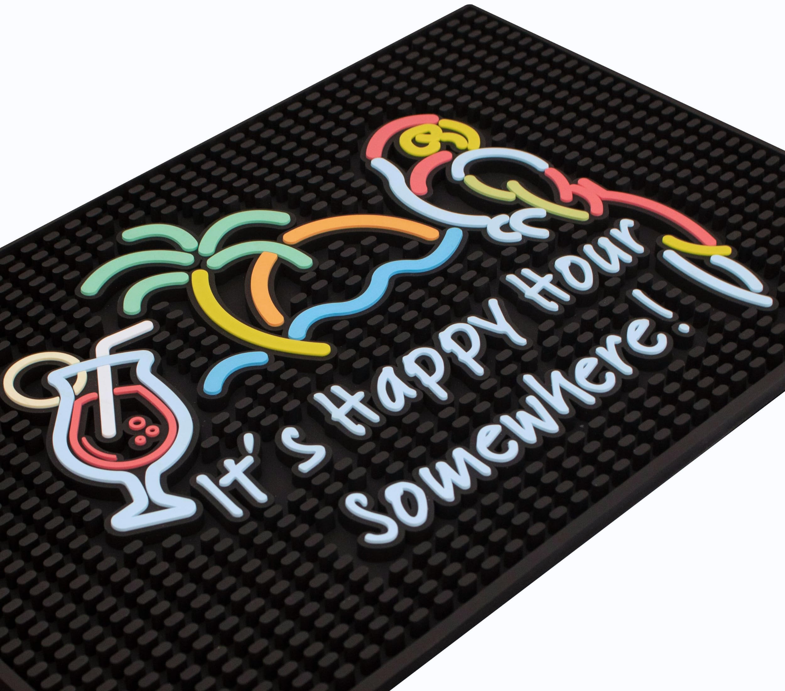 Tiki Bar Happy Hour Sign Rubber Bar Mat for Bartending 18x12 in, It's Happy Hour Somewhere Outdoor Tiki Bar Decor, Bar Mats for Countertop, Bar mat for Home Bar, Bartender Mat, Home Bar Accessories