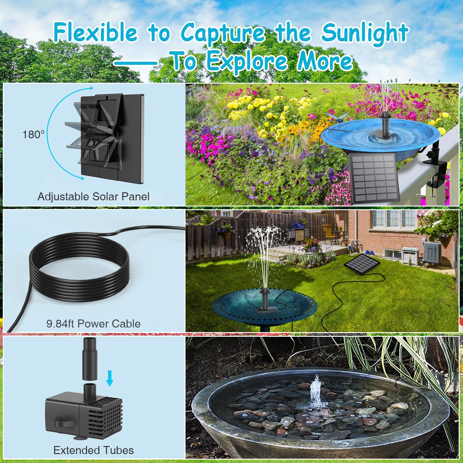 GAIZERL Solar Fountain Kits, 2024 Upgrade 1.8W Glass Panel Solar Water Pumps, Adjustable Small Solar Powered Bird Bath Fountain Pump with 9.84ft Cable, 9 Nozzles for Garden, Humingbirds, DIY Fountains