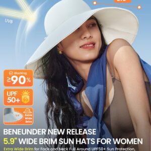 BENEUNDER Sun Hats for Women Wide Brim UPF 50+ Beach Hats for Women UV Protection Visor Hats for Fishing Hiking Gardening, White