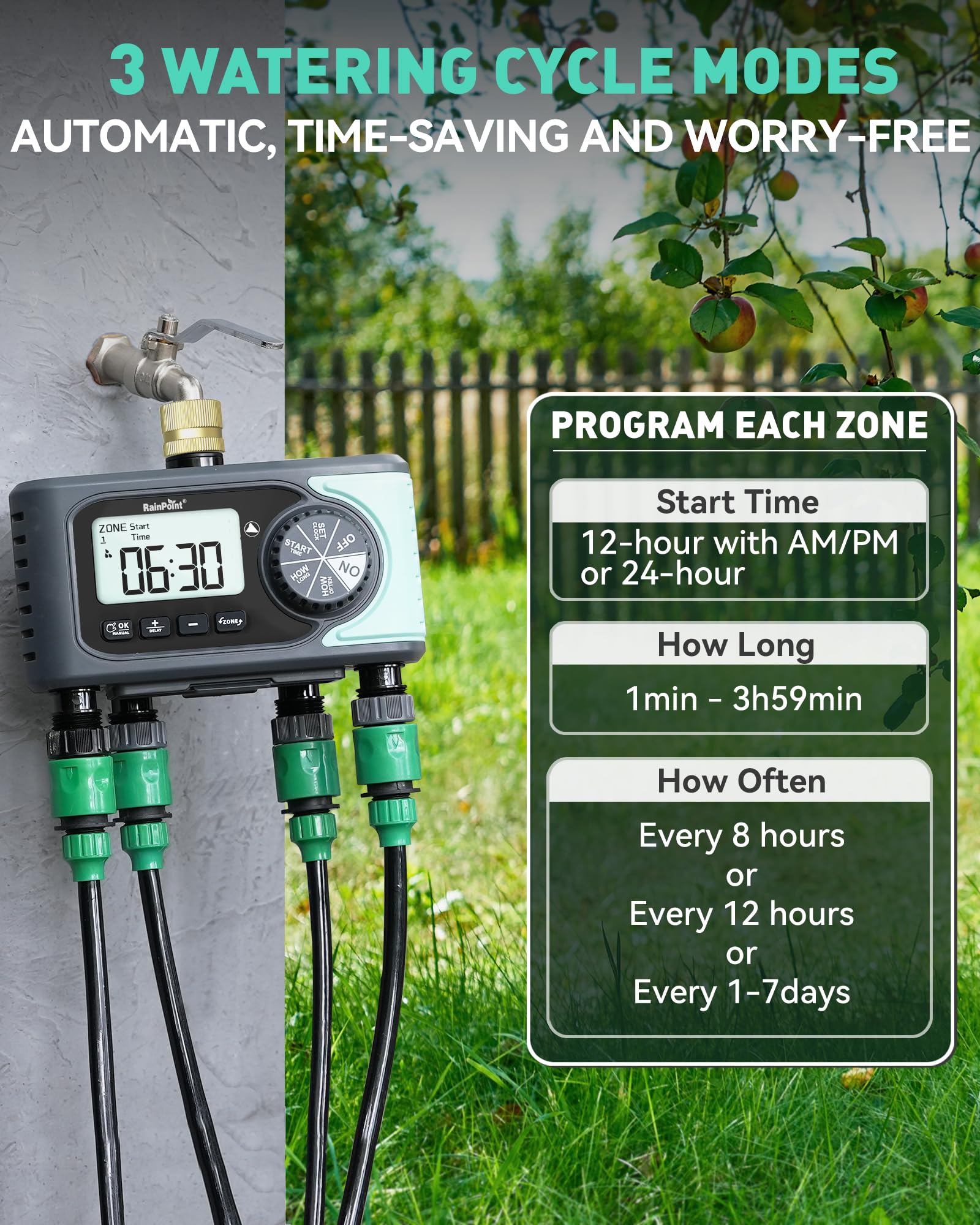 RAINPOINT Sprinkler Timer, 4 Outlets Hose Timer with Brass Inlet, Water Timer with Rain Delay/Manual/Automatic Timed Controller System, Programmable Digital Irrigation Timer for Lawn Yard, 4 Zone