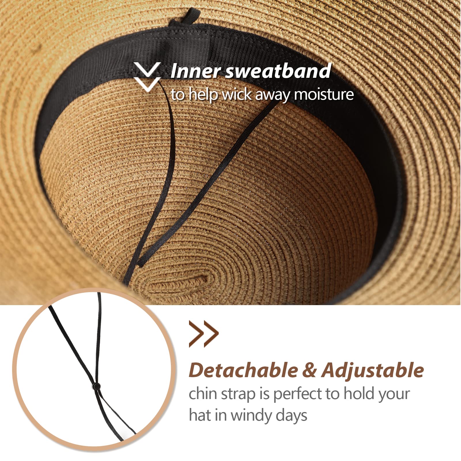 Beach Hats for Women - Sun Hat Womens, Wide Brim Sun Straw Hat for Women with Wind Lanyard Roll Up Hat UV Protection Foldable Khaki