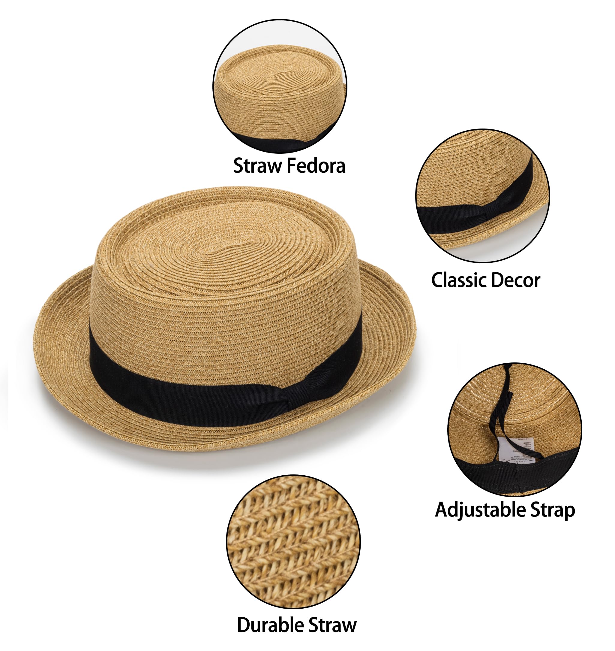 Pork-Pie-Hat-for-Men-Women Straw-Boater-Hat - Classic Boater Derby Sun Hats with Grosgrain Band Khaki