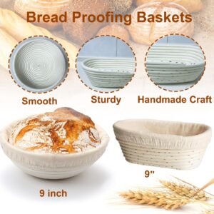 Sourdough Starter Kit,Sourdough Bread Baking Supplies Includes 24OZ Sourdough Starter Jar,2Pcs 9 Inch Round&Oval Sourdough Bread Proofing Baskets With Linen Liner,Silicone Baking Mat,Bread Making Kit