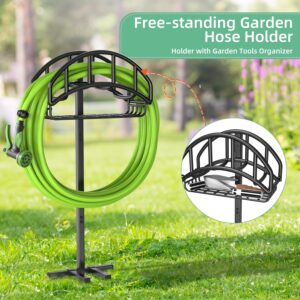 Yumatum Garden Hose Holder, Upgraded Metal Hose Reel with Tool Storage Basket, Heavy Duty Freestanding Water Hose Holders Holds 150ft Hose, Detachable Hose Storage Hanger for Outside