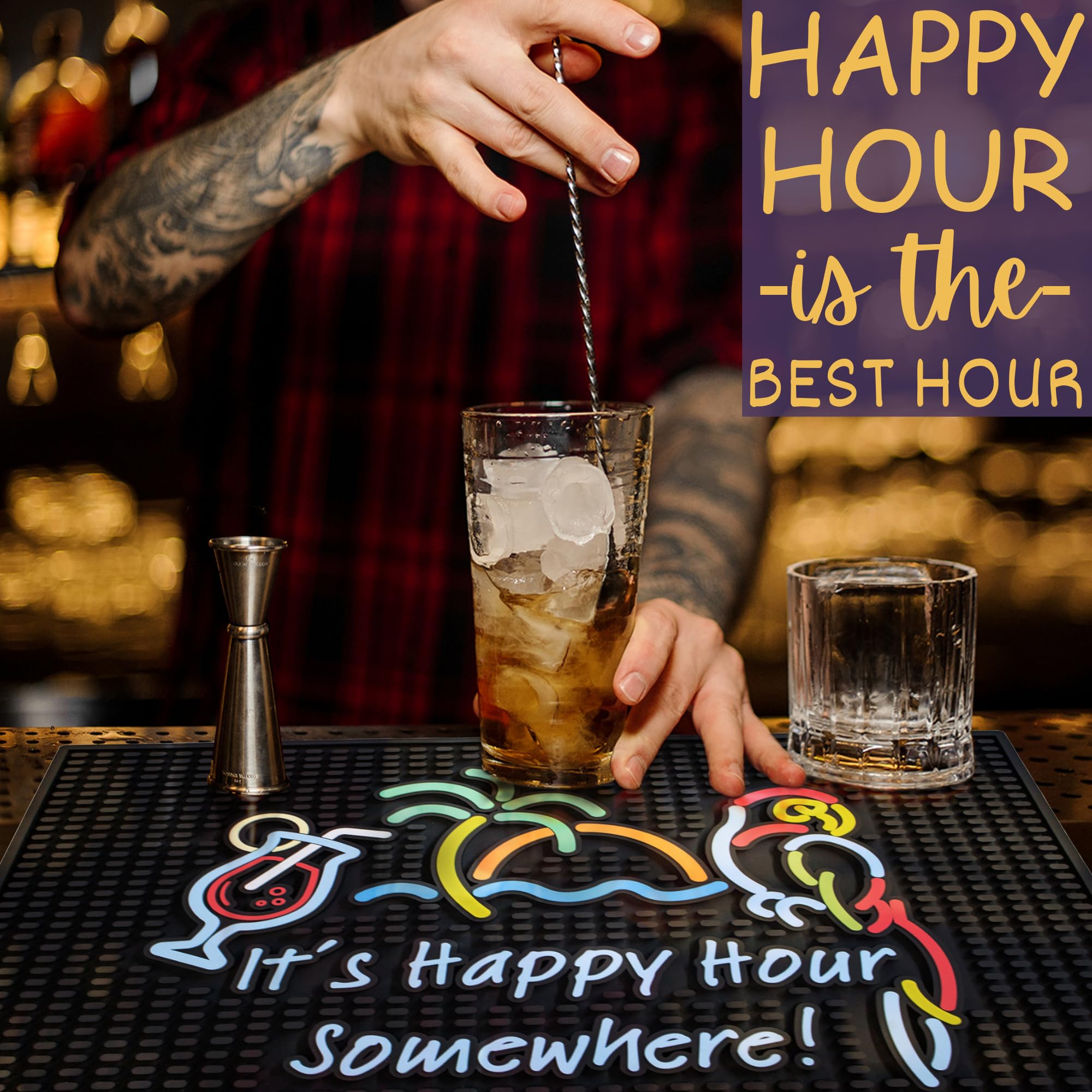 Tiki Bar Happy Hour Sign Rubber Bar Mat for Bartending 18x12 in, It's Happy Hour Somewhere Outdoor Tiki Bar Decor, Bar Mats for Countertop, Bar mat for Home Bar, Bartender Mat, Home Bar Accessories