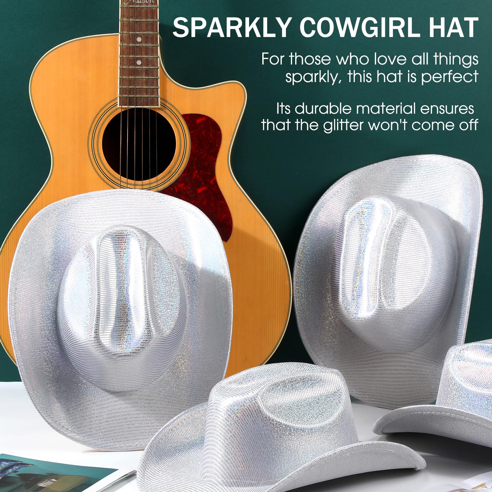 Silicherry 4 Pcs Halloween Cowgirl Hat Sequin Bling Cowboy Hats DIY Shiny Disco Western Hats for Women Men Cosplay Party(Silver)