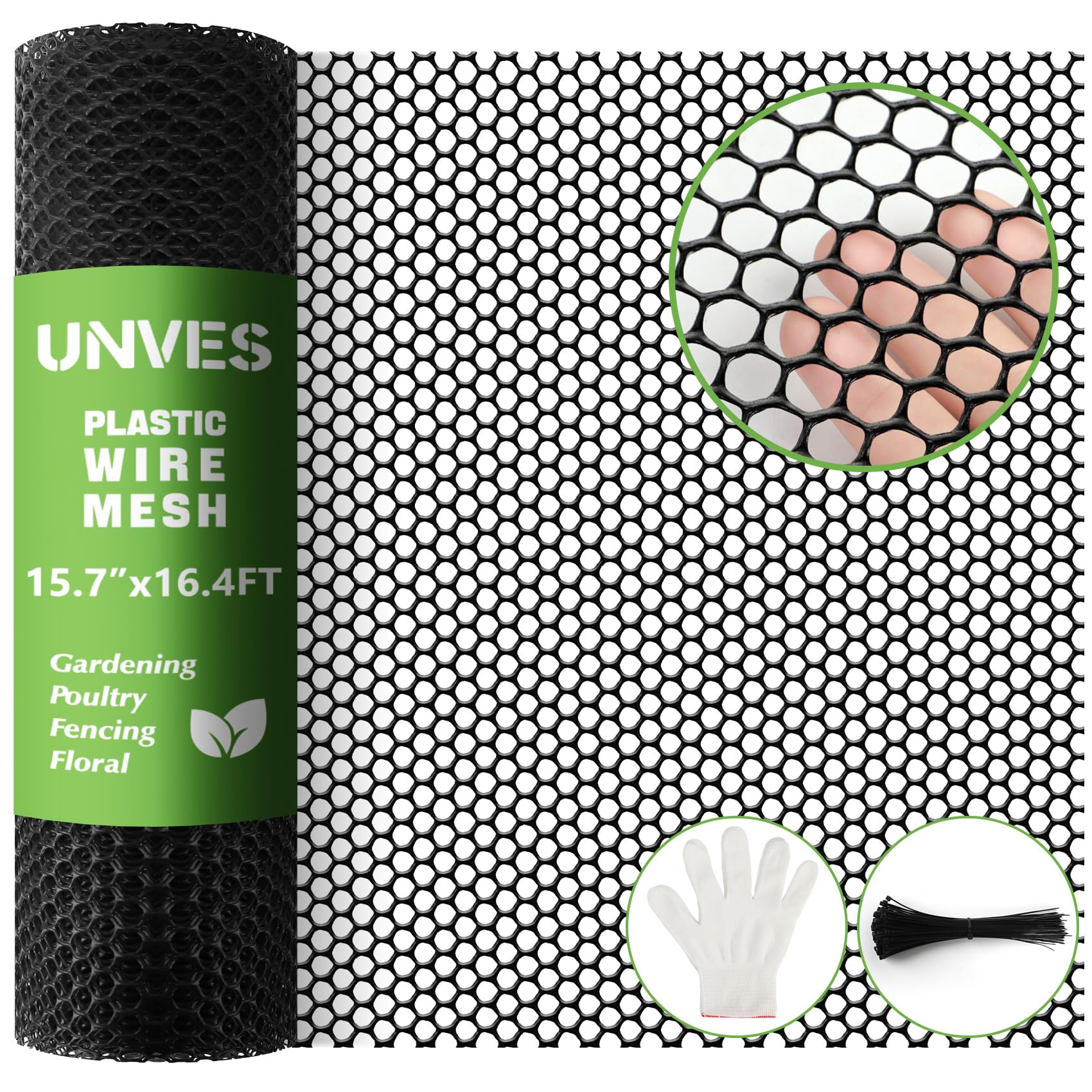 Unves 15.7IN x 16.4FT Plastic Chicken Wire Fencing Mesh, Hexagonal Chicken Wire Fence for Gardening, Poultry Netting, Floral Netting, Construction Barrier Netting, Chicken Wire Mesh Roll