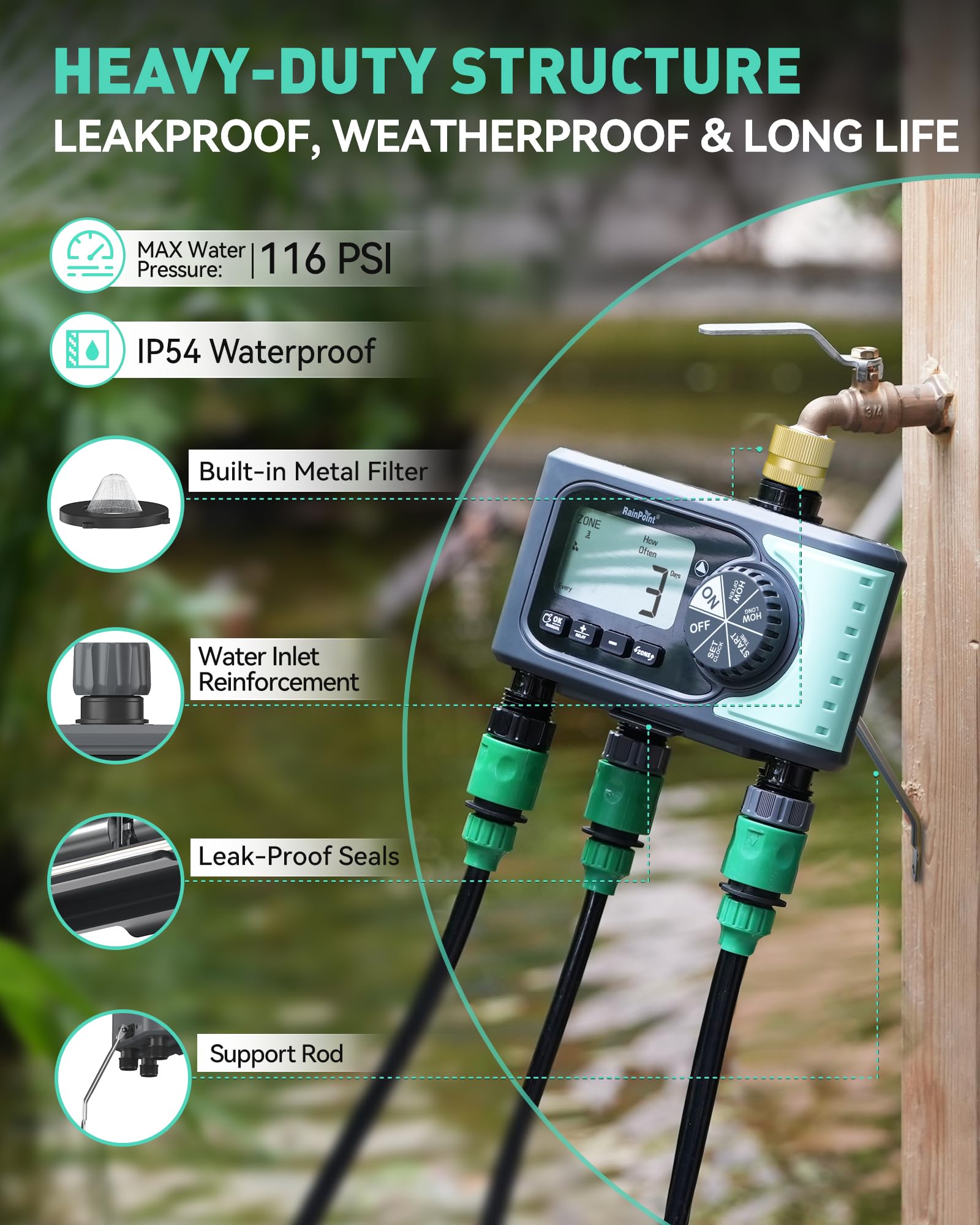 RAINPOINT Sprinkler Timer, 4 Outlets Hose Timer with Brass Inlet, Water Timer with Rain Delay/Manual/Automatic Timed Controller System, Programmable Digital Irrigation Timer for Lawn Yard, 4 Zone