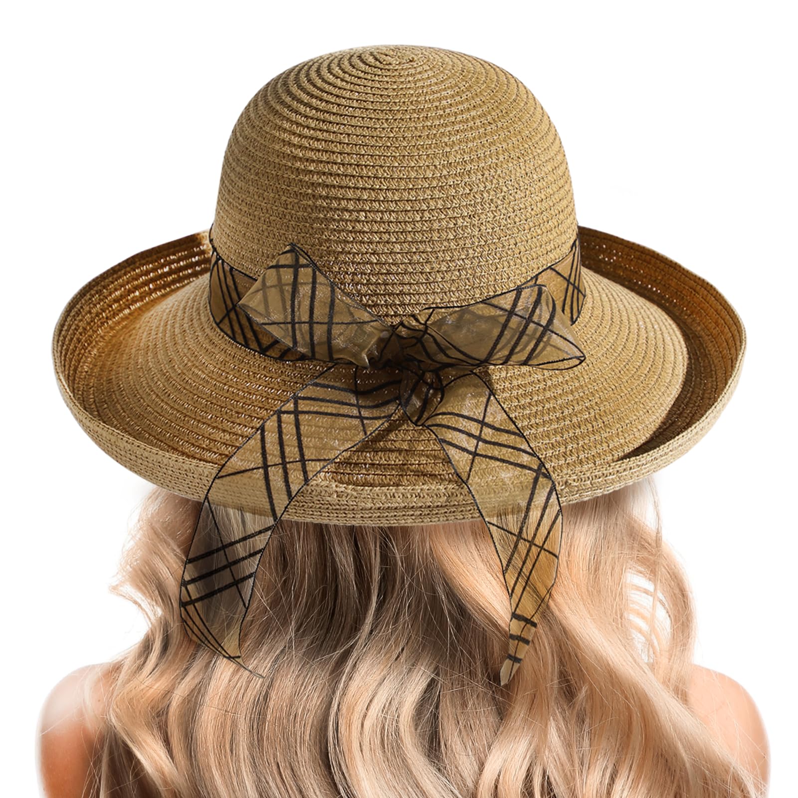 Beach Hats for Women - Sun Hat Womens, Wide Brim Sun Straw Hat for Women with Wind Lanyard Roll Up Hat UV Protection Foldable Khaki