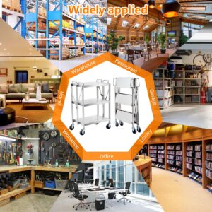 Garvee Heavy Duty Folding Utility Cart, Stainless Steel Collapsible Service Cart 133 Lbs Large Loading per Shelf, Sturdy 3-Tier Rolling Cart with Wheels Lockable for Restaurant Garage Office Outdoor