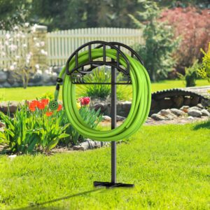 Yumatum Garden Hose Holder, Upgraded Metal Hose Reel with Tool Storage Basket, Heavy Duty Freestanding Water Hose Holders Holds 150ft Hose, Detachable Hose Storage Hanger for Outside