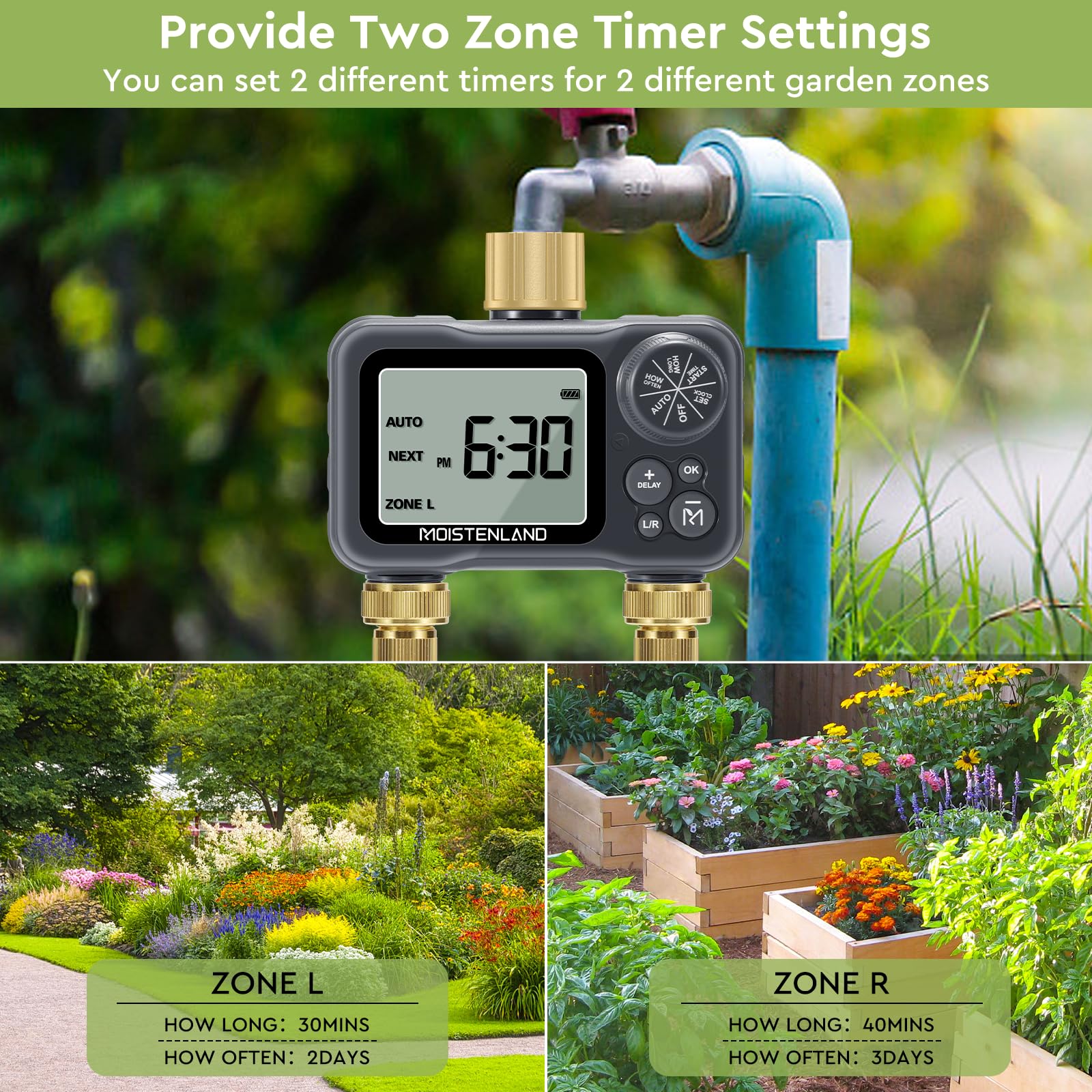 Moistenland Hose Timer with Brass Swivel, Sprinkler Timer, with Rain Delay/Manual/Automatic Watering System,Lawn & Garden Watering Equipment,IP54 Waterproof, 3.1 Inches Large Screen(2 Outlets)