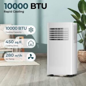 R.W.FLAME 10,000 BTU Air Conditioner cool Up to 450 Sq.Ft, 4 Modes Portable AC Unit with 24Hrs Timer/LED Display/Remote Control/Installation Kits, AC Unit for Bedroom, White