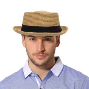 Pork-Pie-Hat-for-Men-Women Straw-Boater-Hat - Classic Boater Derby Sun Hats with Grosgrain Band Khaki