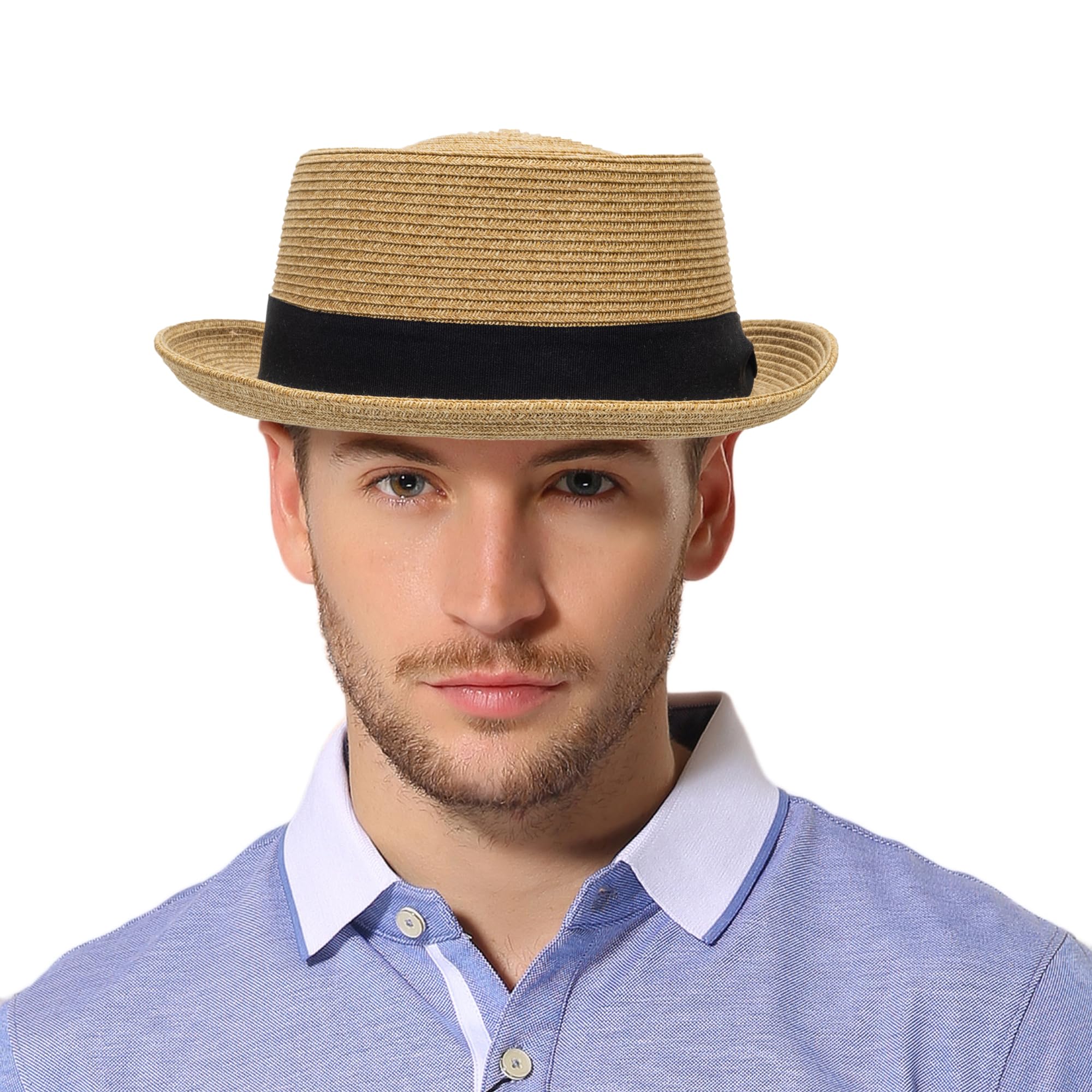 Pork-Pie-Hat-for-Men-Women Straw-Boater-Hat - Classic Boater Derby Sun Hats with Grosgrain Band Khaki