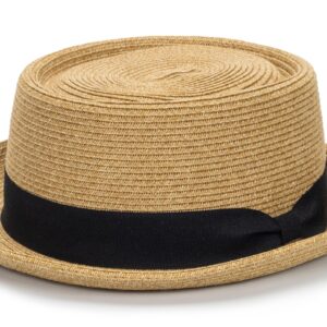 Pork-Pie-Hat-for-Men-Women Straw-Boater-Hat - Classic Boater Derby Sun Hats with Grosgrain Band Khaki