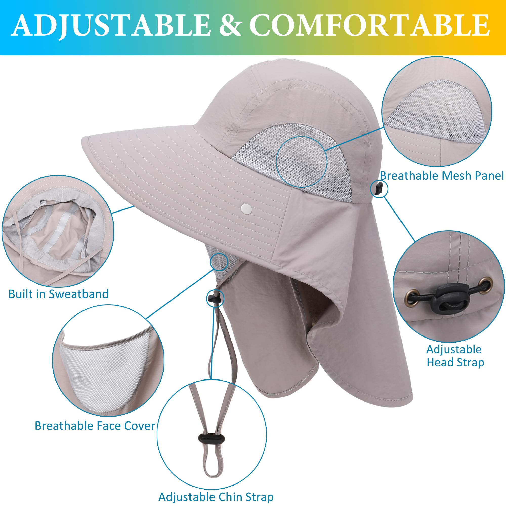 Outrip Sun Hat for Men Women Wide Brim Fishing Hat with Face Cover & Neck Flap Outdoor Sun Protection Hat Light Grey