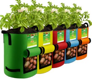 kopotma 5packs colorful potato grow bags, heavy duty potato grow bags with flap, potato bags for growing potatoes potato planter potato growing containers potato growing bags, 10gal