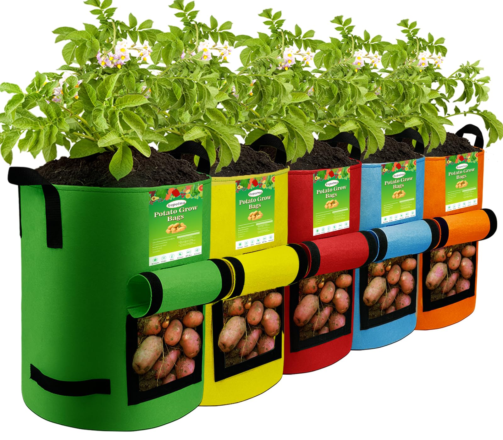 kopotma 5Packs Colorful Potato Grow Bags, Heavy Duty Potato Grow Bags with Flap, Potato Bags for Growing Potatoes Potato Planter Potato Growing Containers Potato Growing Bags, 10Gal