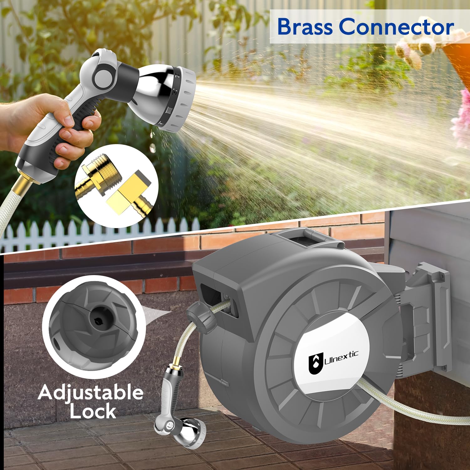 Retractable Garden Hose Reel, 1/2 in x 100 ft Wall Mounted Hose Reel, 10-Pattern Spray Nozzle, Any Length Lock/Slow Return System/Wall Mounted/180°Swivel Bracket