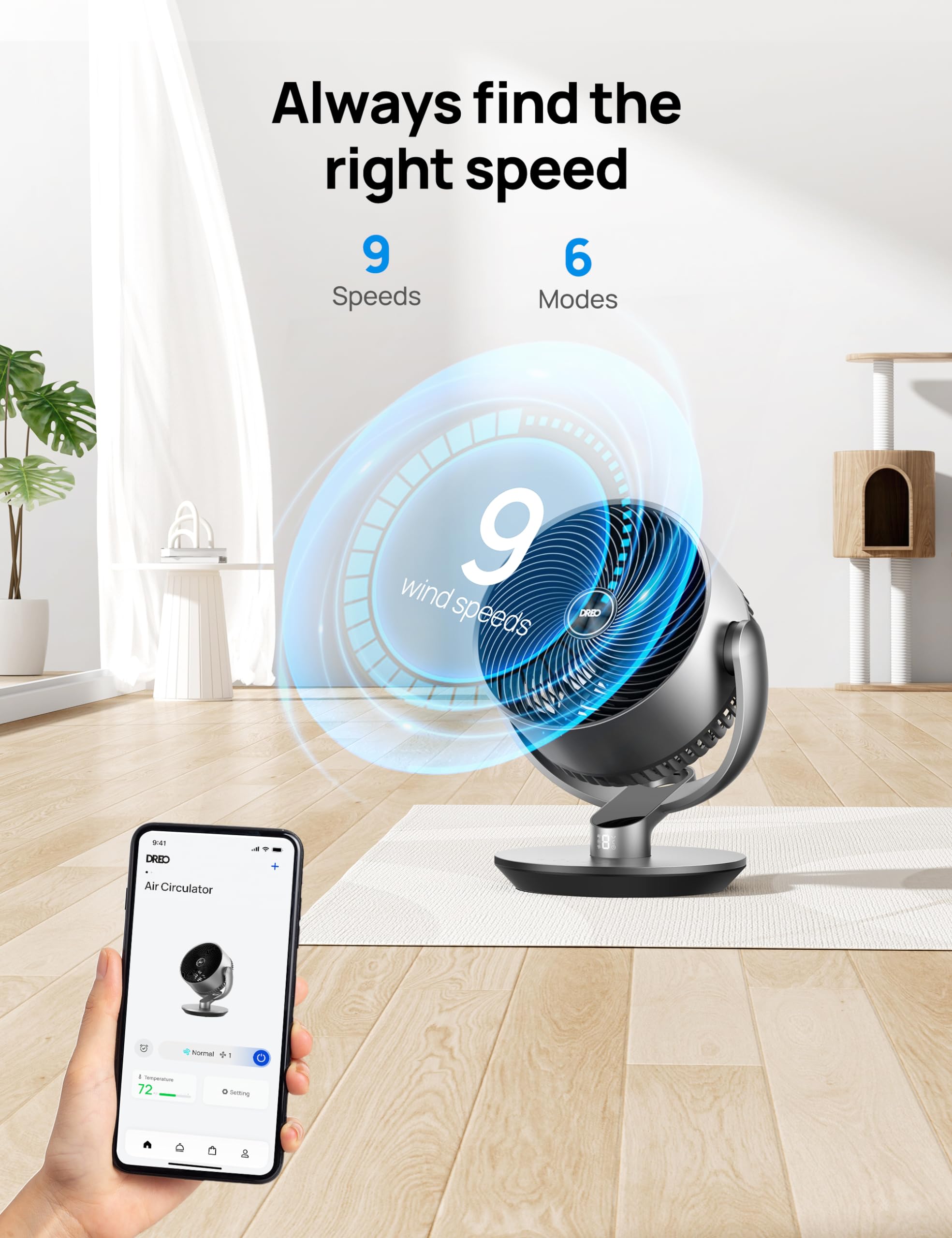 Dreo Smart Fans for Bedroom, 16 Inch, 25dB Quiet DC Room Fan with Remote, 120°+90° Oscillating Fan, 6 Modes, 9 Speeds, 12H Timer,Works Alexa/Google/WiFi/Voice Control, Black and Silver