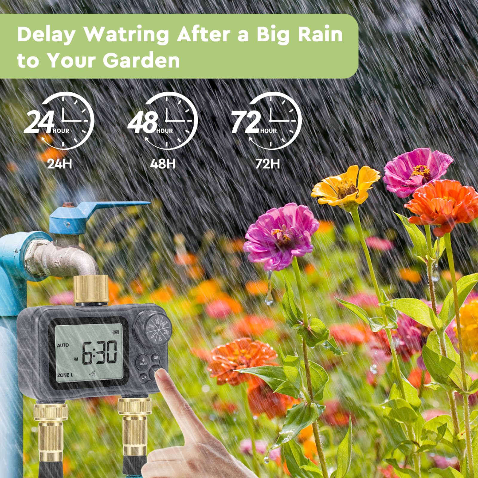 Moistenland Hose Timer with Brass Swivel, Sprinkler Timer, with Rain Delay/Manual/Automatic Watering System,Lawn & Garden Watering Equipment,IP54 Waterproof, 3.1 Inches Large Screen(2 Outlets)