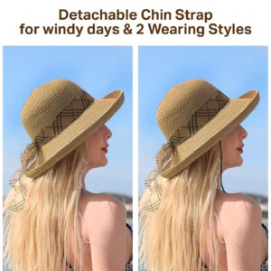 Beach Hats for Women - Sun Hat Womens, Wide Brim Sun Straw Hat for Women with Wind Lanyard Roll Up Hat UV Protection Foldable Khaki