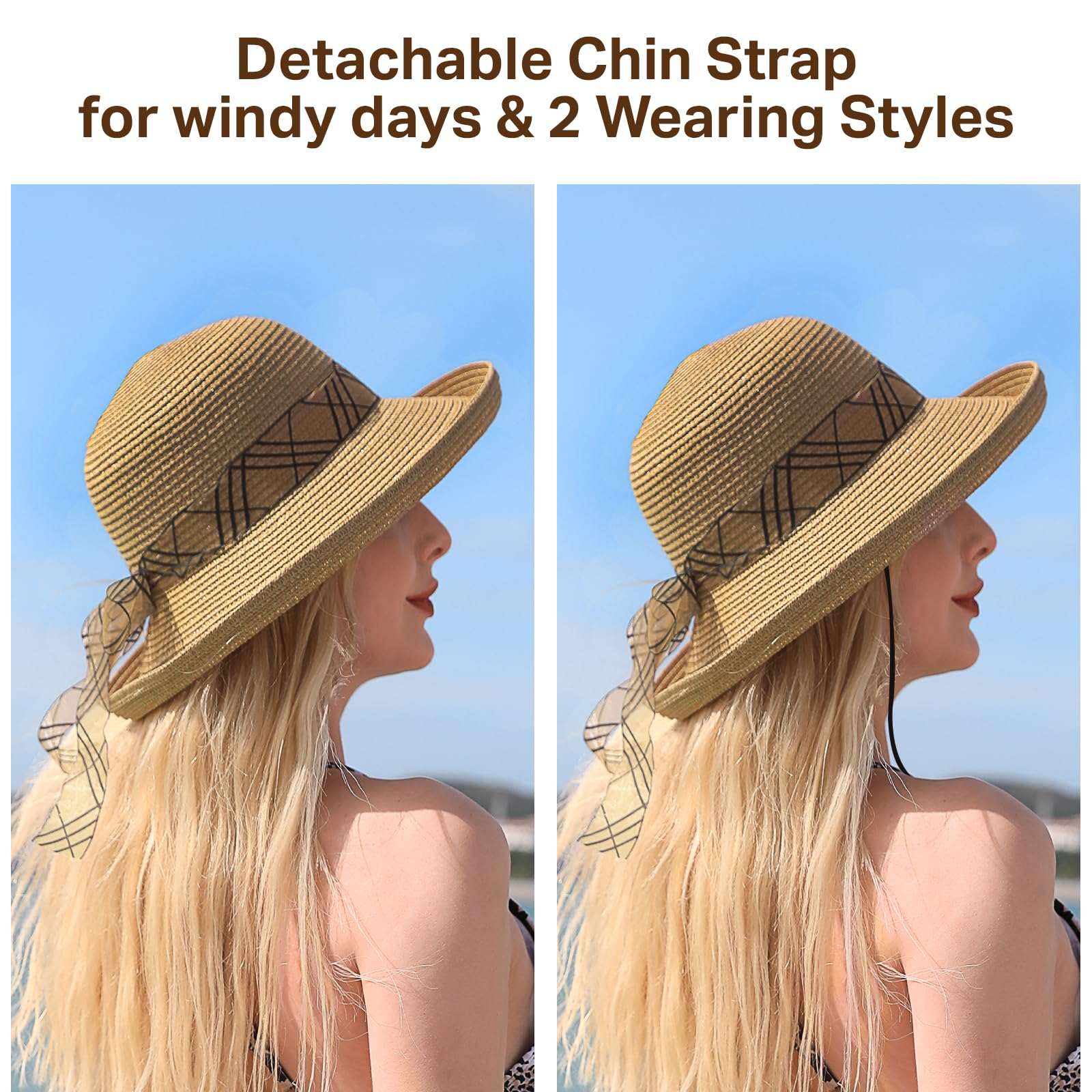 Beach Hats for Women - Sun Hat Womens, Wide Brim Sun Straw Hat for Women with Wind Lanyard Roll Up Hat UV Protection Foldable Khaki