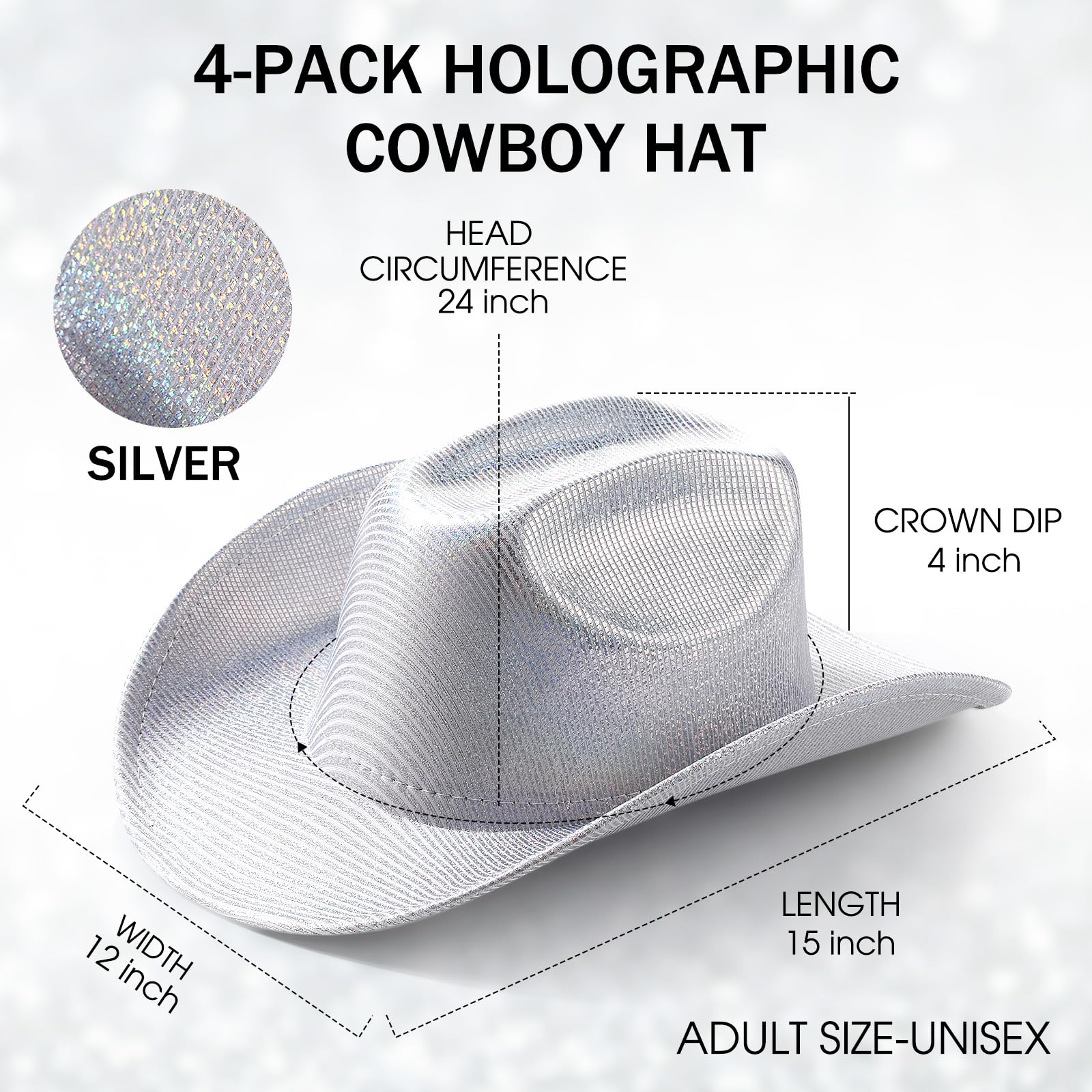 Silicherry 4 Pcs Halloween Cowgirl Hat Sequin Bling Cowboy Hats DIY Shiny Disco Western Hats for Women Men Cosplay Party(Silver)