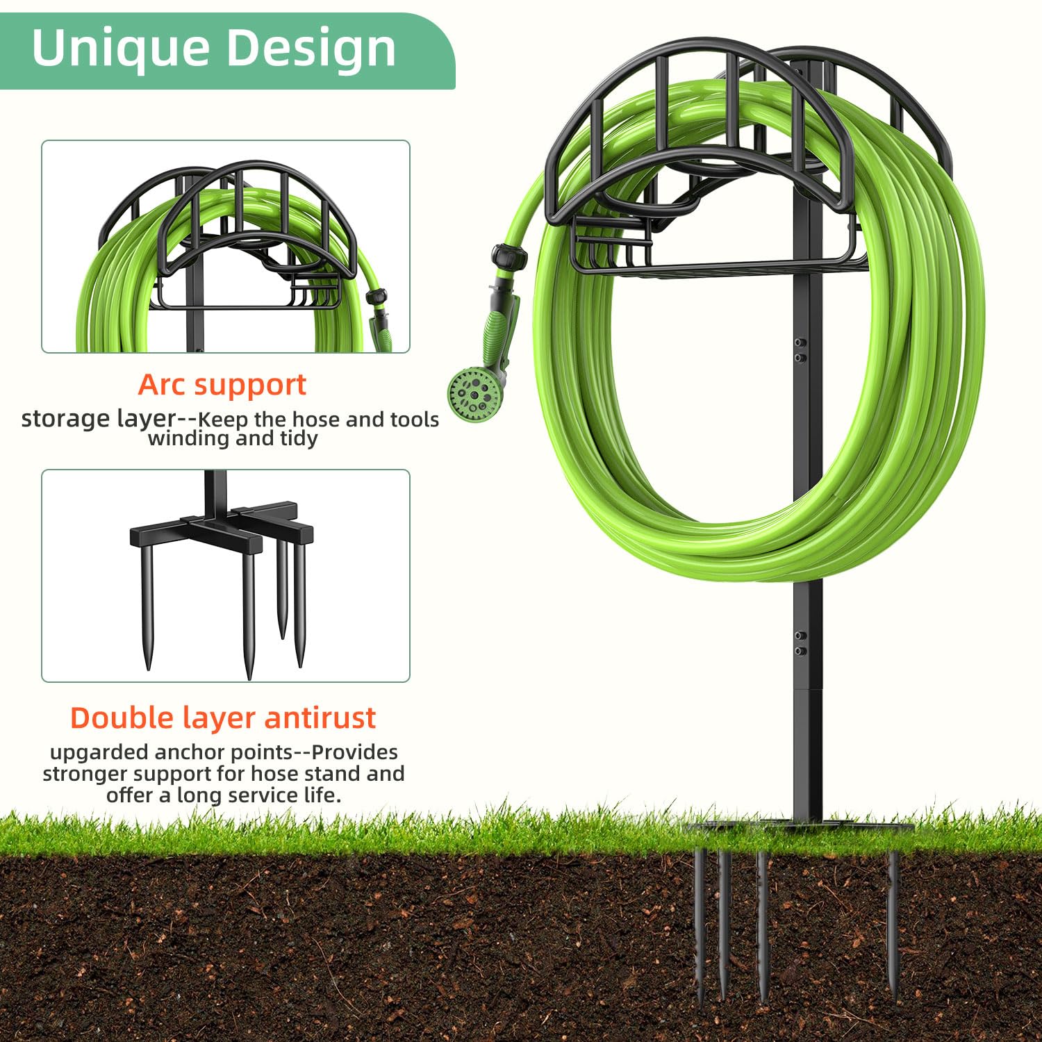 Yumatum Garden Hose Holder, Upgraded Metal Hose Reel with Tool Storage Basket, Heavy Duty Freestanding Water Hose Holders Holds 150ft Hose, Detachable Hose Storage Hanger for Outside