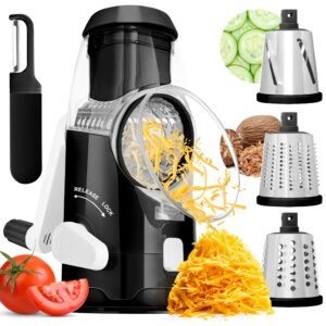 BASSWOOD Rotary Cheese Grater with Handle - Mandoline Slicer with 3 Stainless Steel Drum Blades-Vegetable Slicer Walnuts Grinder Cheese Shredder Round Mandoline with Peeler (Black)