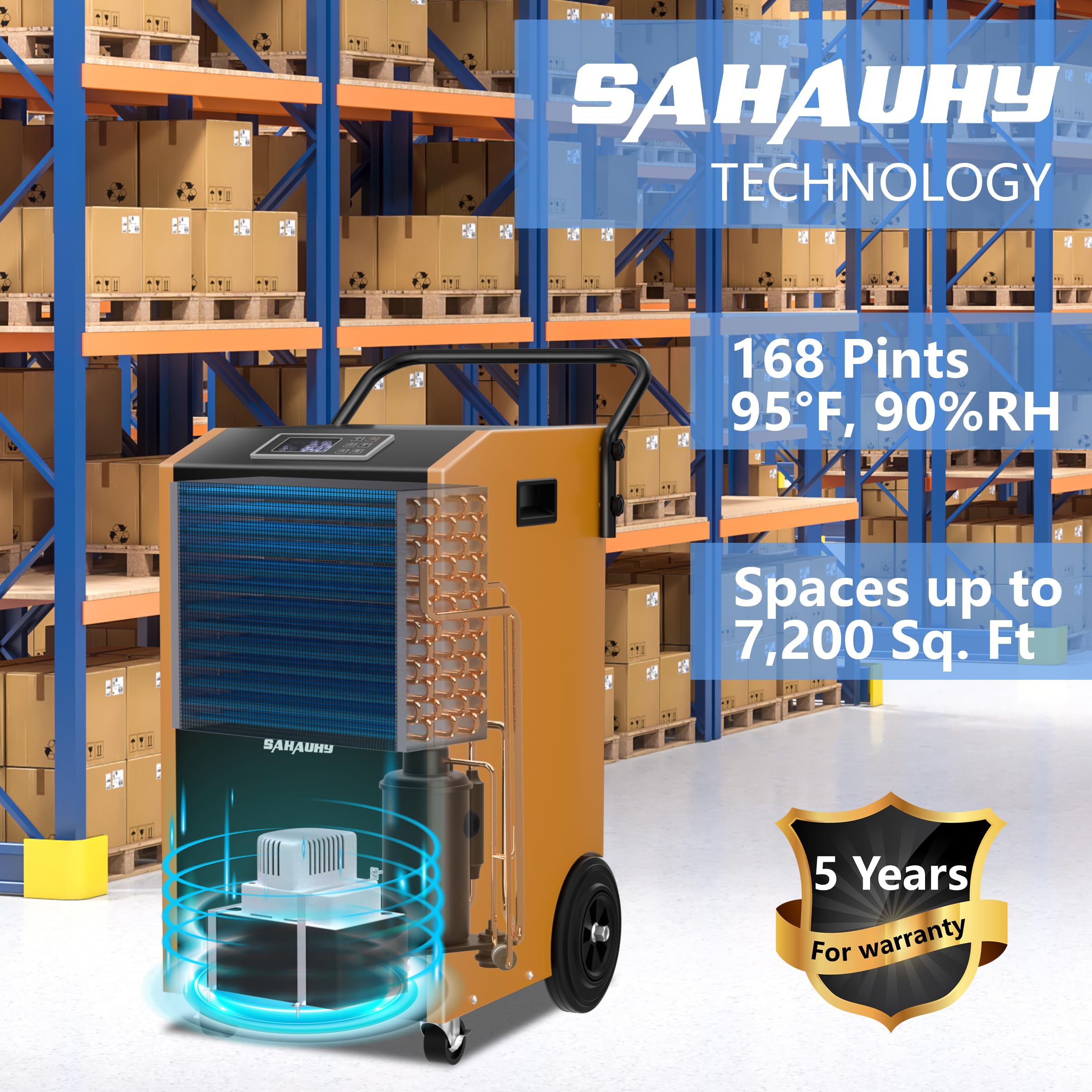 SAHAUHY 168 Pints Commercial Dehumidifier with Pump and Drain Hose for Basements Crawlspace Home and Large Spaces up to 7,200 Sq Ft,5 Years Warranty