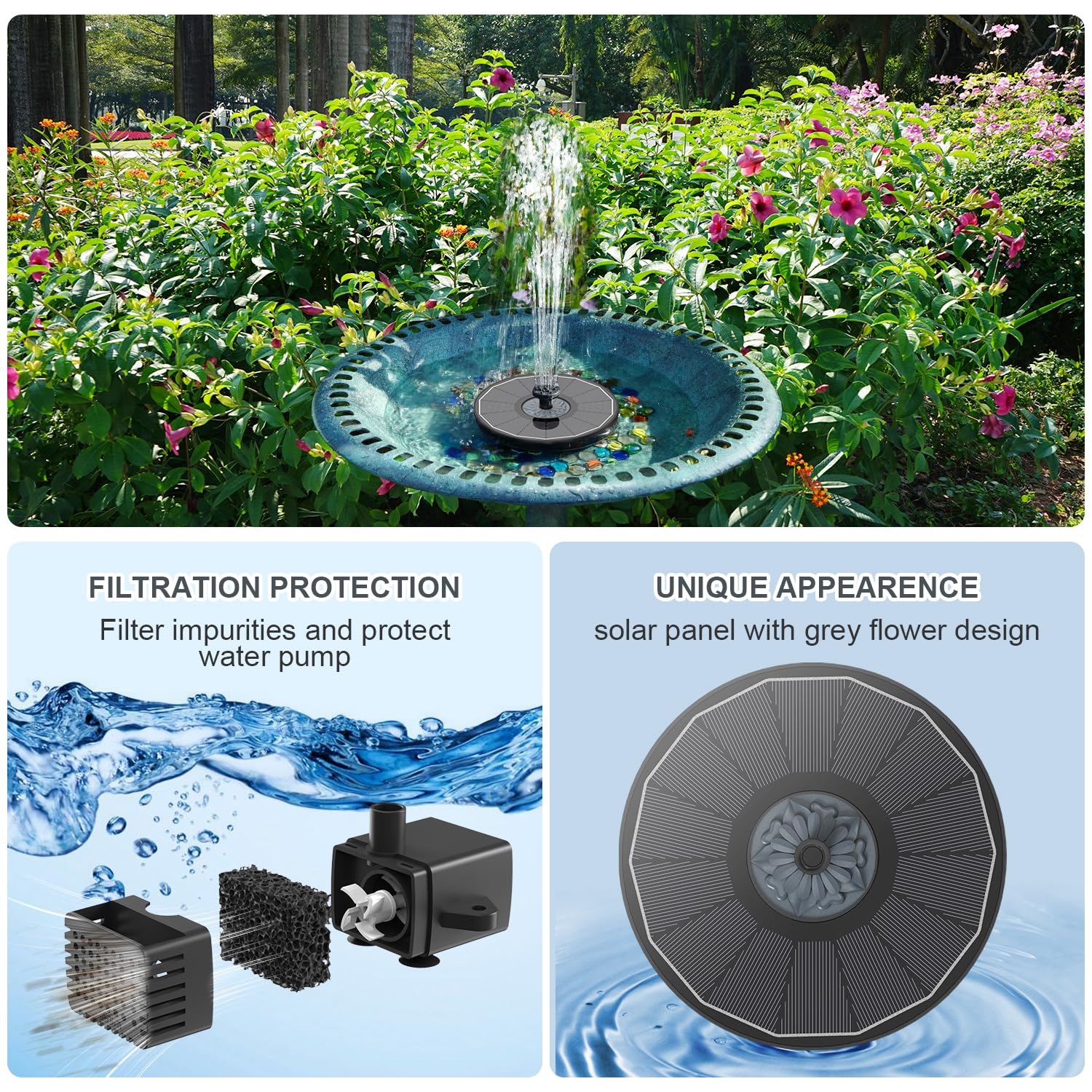 Yzert Solar Fountain 2024 Upgraded High Efficiency Glass Solar Panel, Solar Bird Bath Fountains with Flower No Battery,Solar Water Pump Fountain for Bird Bath Garden Small Ponds Outdoor Décor(Black)