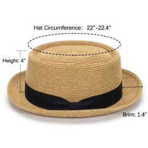 Pork-Pie-Hat-for-Men-Women Straw-Boater-Hat - Classic Boater Derby Sun Hats with Grosgrain Band Khaki