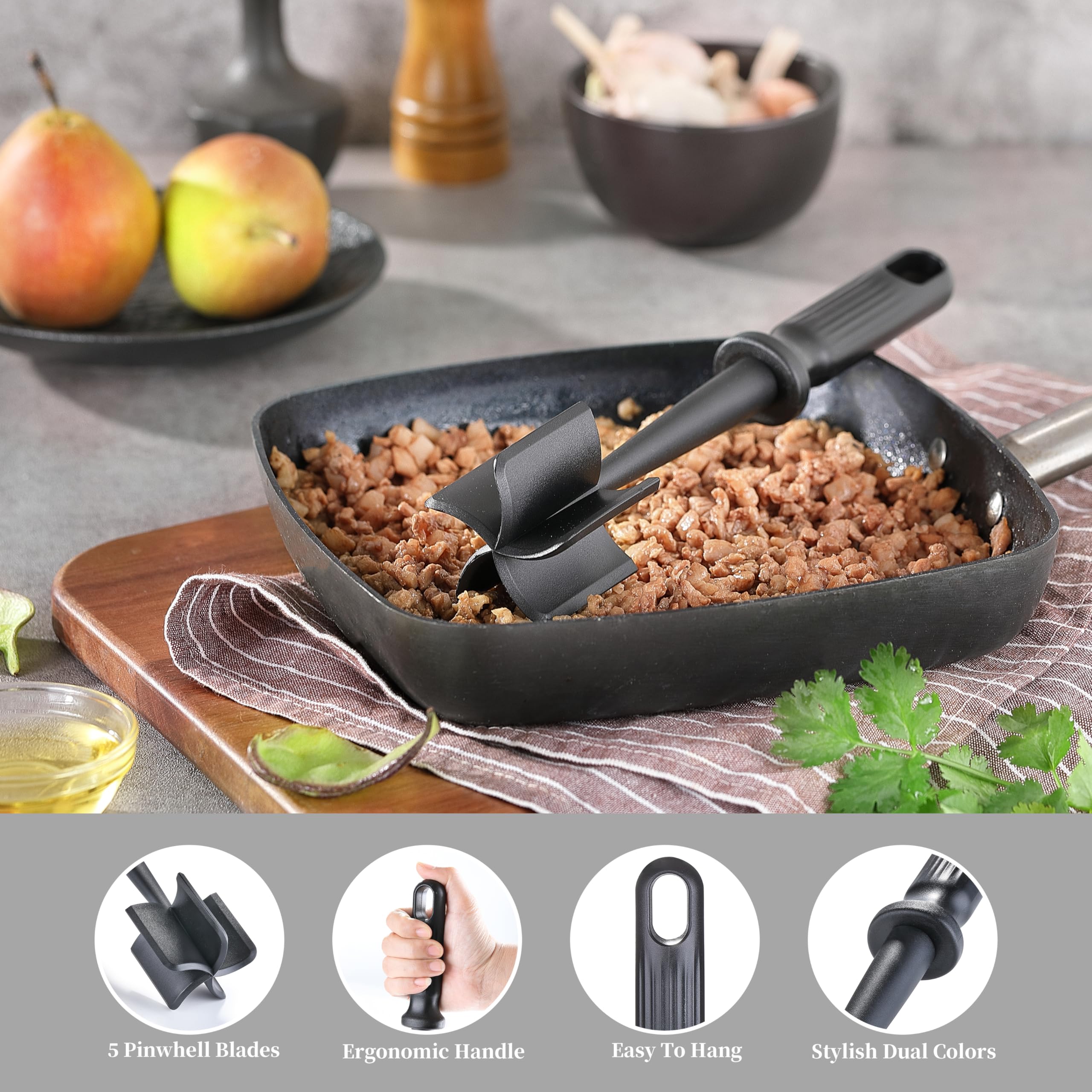 Meat Chopper for Ground Beef, JJOO Heat Resistant Hamburger Meat Chopper, Nylon 5 Curved Blades Ground Beef Smasher, Non-Stick Meat Masher, Mix and Chop Kitchen Tool (Black)