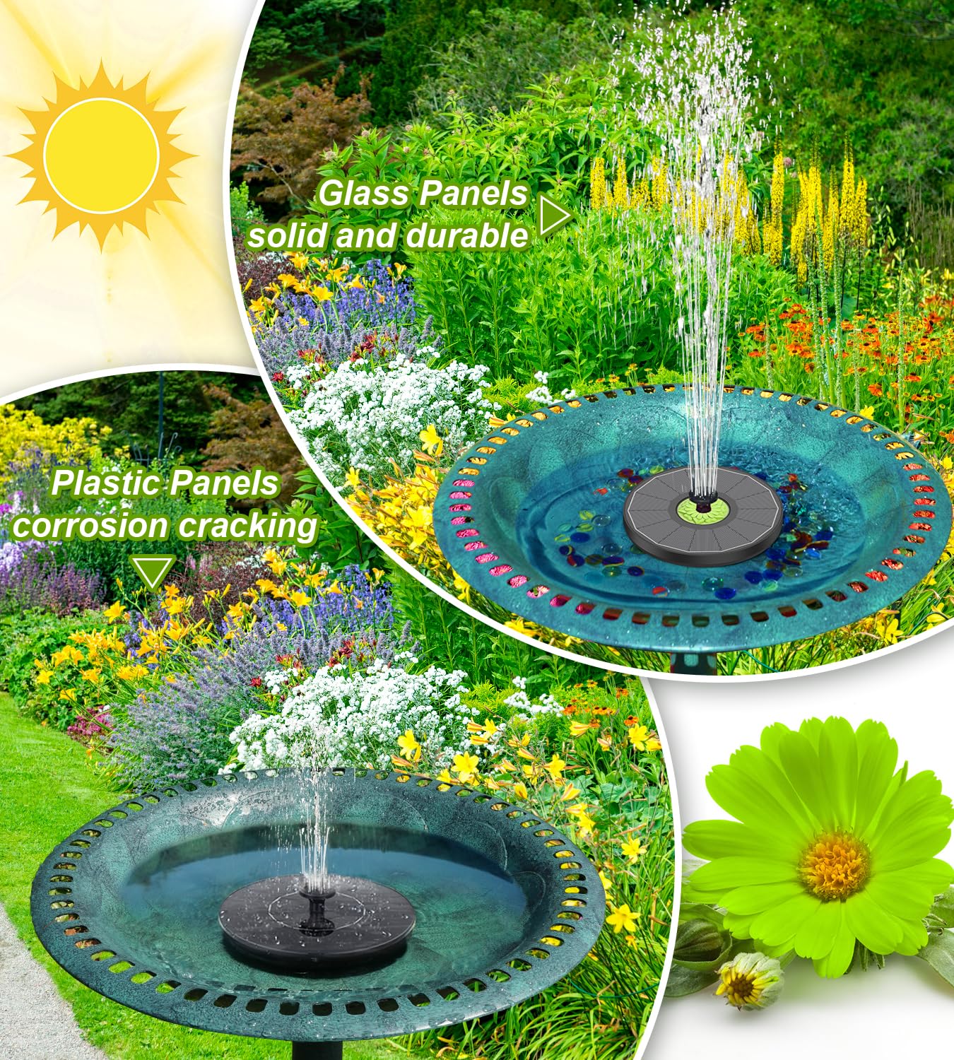 SZMP Solar Fountain 3.5W Bird Bath Fountains with Tender Green Flower 2024 Upgraded 100% Glass Panel, Solar Fountain Pump with 7 Nozzles, Solar Water Fountain for Hummingbirds, Garden, Pond (Black)