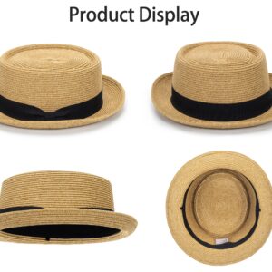 Pork-Pie-Hat-for-Men-Women Straw-Boater-Hat - Classic Boater Derby Sun Hats with Grosgrain Band Khaki