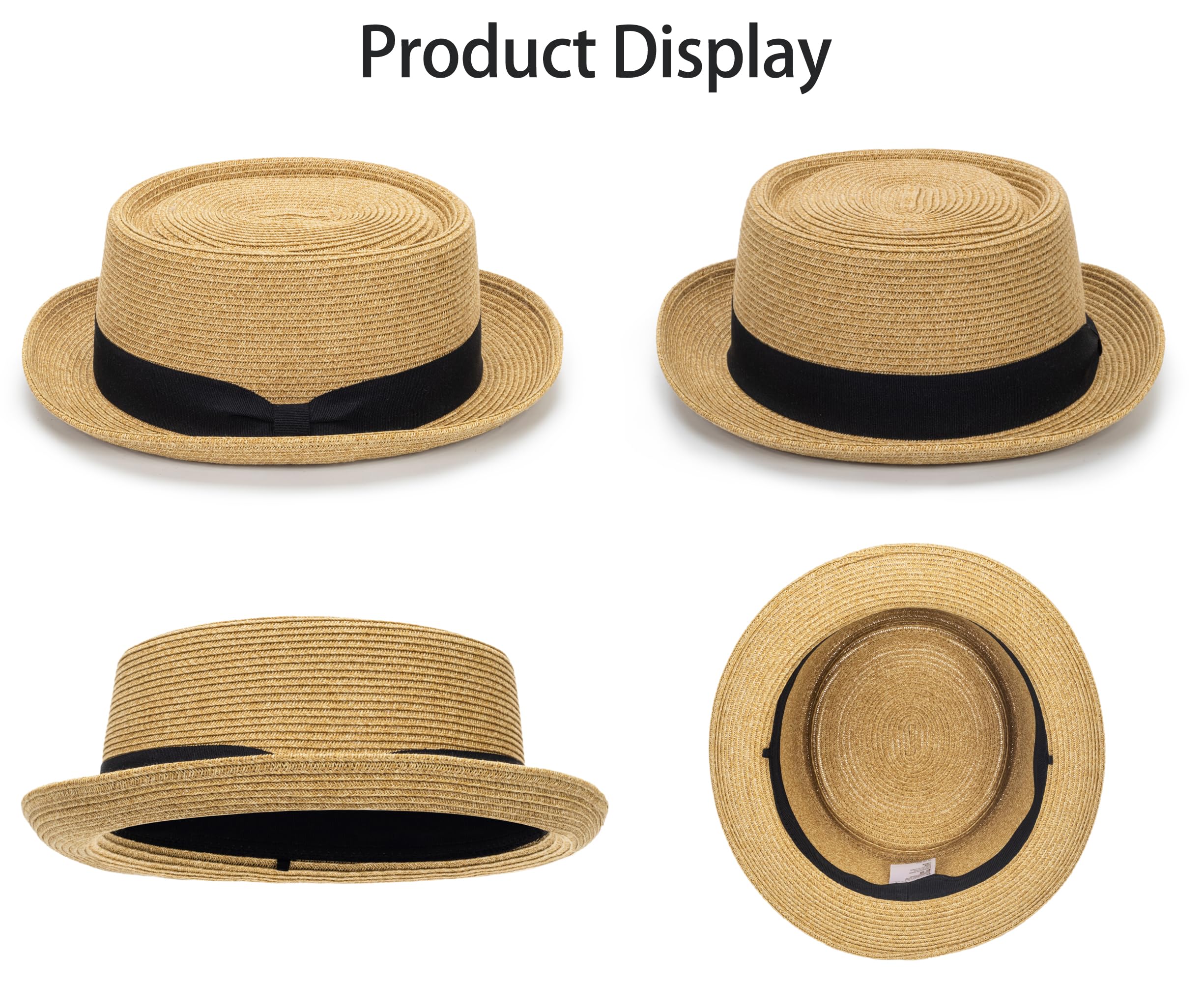 Pork-Pie-Hat-for-Men-Women Straw-Boater-Hat - Classic Boater Derby Sun Hats with Grosgrain Band Khaki