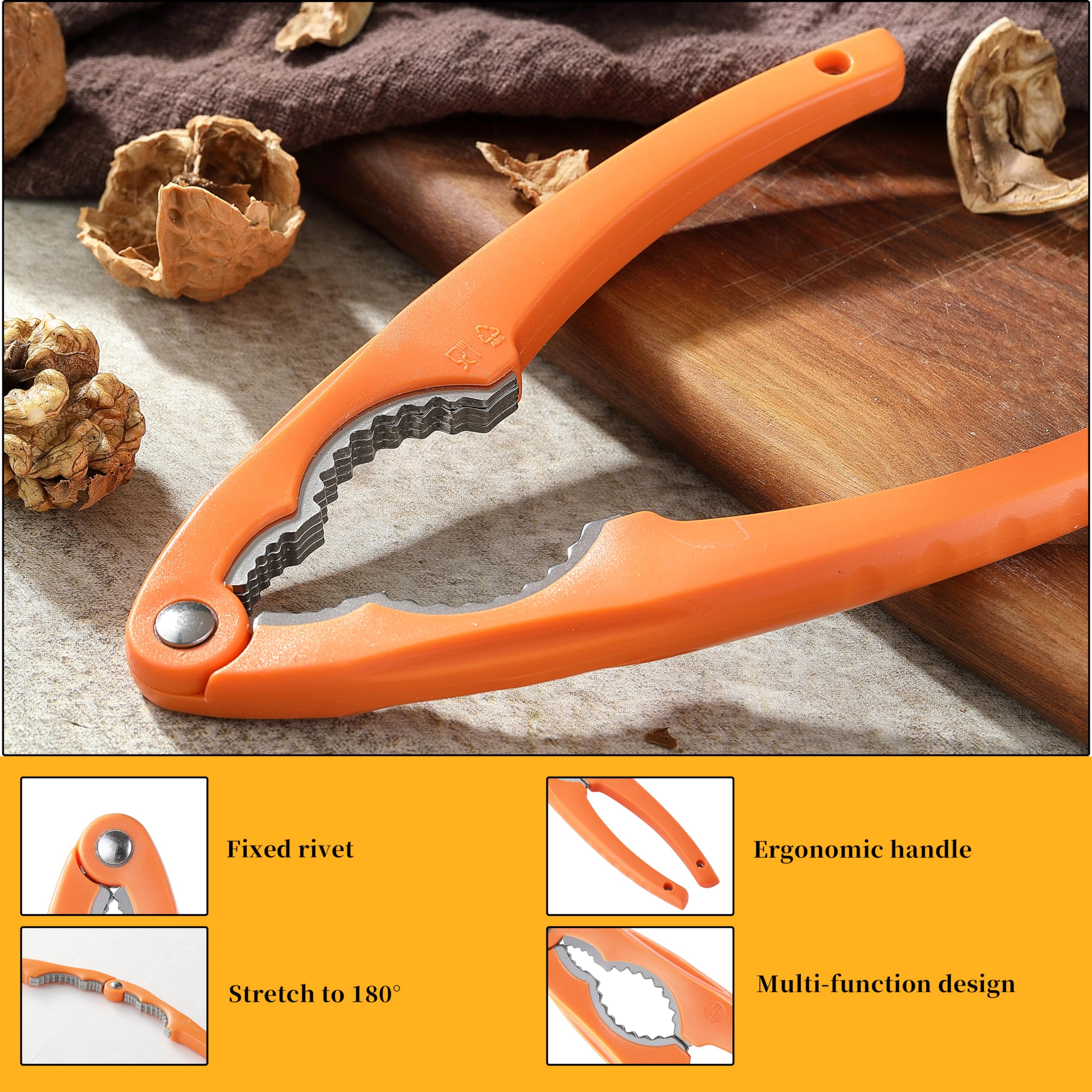 NutCracker, Stainless Steel Nut Crackers for All Nuts, Heavy Duty Nutcracker Tool for Walnet, Pencan, Chestnut, Crab, Lobster and More, Ergonomic Handle (Orange)