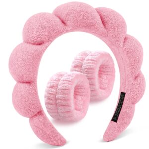 dommare headband for washing face bubble skincare, spa headbands for women wristband set, makeup hairband teen girl gifts, terry cloth puffy get ready hair accessory(pink)