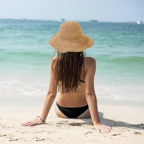 Womens Sun Hats Wide Brim Summer Beach Hat for Women Foldable Travel Fedora Handmade Crochet Straw Hat Packable UPF50+, Khaki