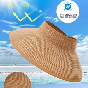 OTPEH Women Packable Beach Sun Straw Hats Wide Brim Visor Sunhat Travel Foldable Summer UV Protection Khaki