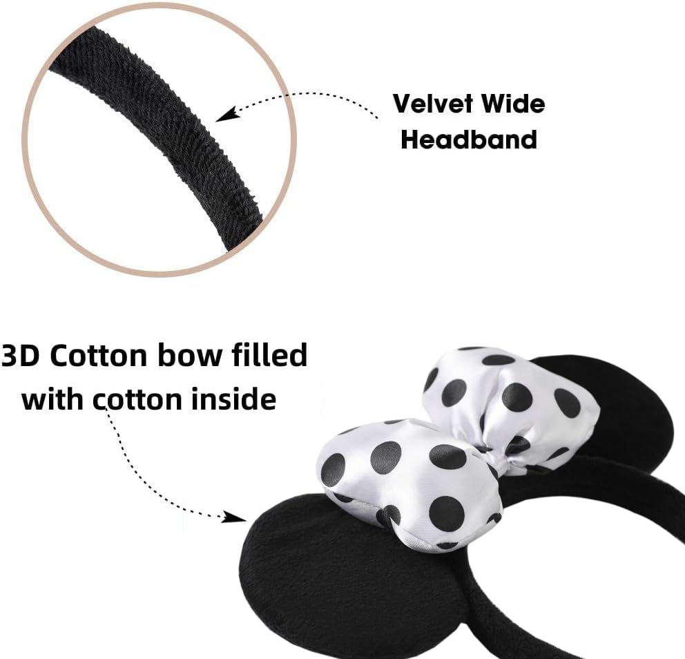 JIAHANG 3D Polka Dot Mouse Ear Hair Bow Headband,Velvet Amusement Photography Headband, Costume Headwear for Women Girls (3D satin white)