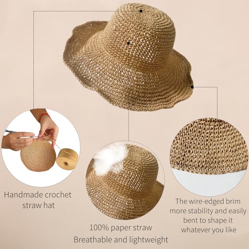 Womens Sun Hats Wide Brim Summer Beach Hat for Women Foldable Travel Fedora Handmade Crochet Straw Hat Packable UPF50+, Khaki