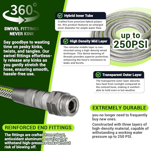 Flexible Garden Hose 50 FT - Heavy Duty Non-Expandable 50FT Outdoor Water Hose Pipe, 1/2" x 50Feet, 3/4" Solid Swivel Fittings, 50 Feet, Kink and Leak Proof