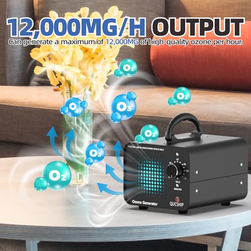 Ozone Generator 12,000mg/h - High Capacity Ozone Machine Odor Removal, Commercial Ozone Machine & Home Ozone Generator for Car, Rooms, Smoke and Pets - Qucship