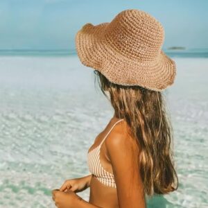 Womens Sun Hats Wide Brim Summer Beach Hat for Women Foldable Travel Fedora Handmade Crochet Straw Hat Packable UPF50+, Khaki