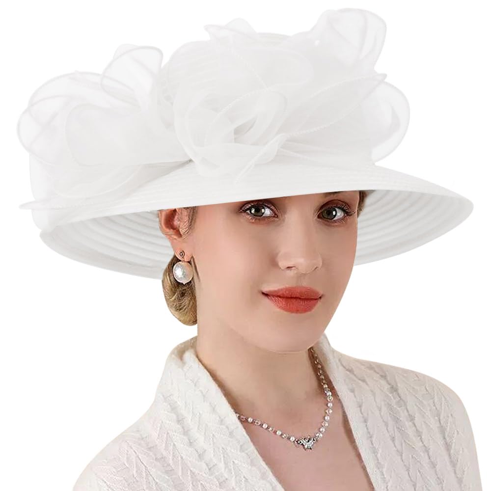 DRESHOW Lady Derby Dress Church Bowler Cloche Hat Bowknot Organza Bridal Cap for Wedding