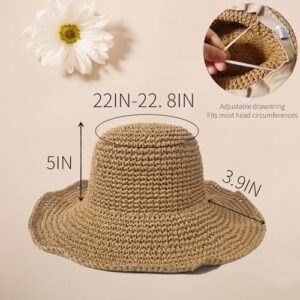 Womens Sun Hats Wide Brim Summer Beach Hat for Women Foldable Travel Fedora Handmade Crochet Straw Hat Packable UPF50+, Khaki